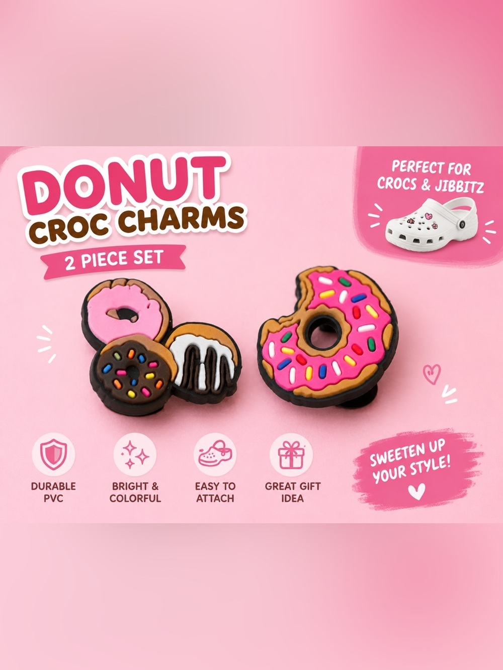 2pc CROCS Pink Donut Jibbitz Charm with Multicolor Sprinkles